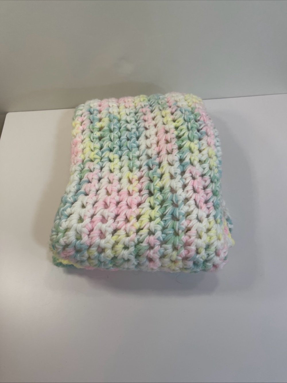 Handmade Vintage 35” X 35” Pastel Crocheted Square Baby Afghan Blanket